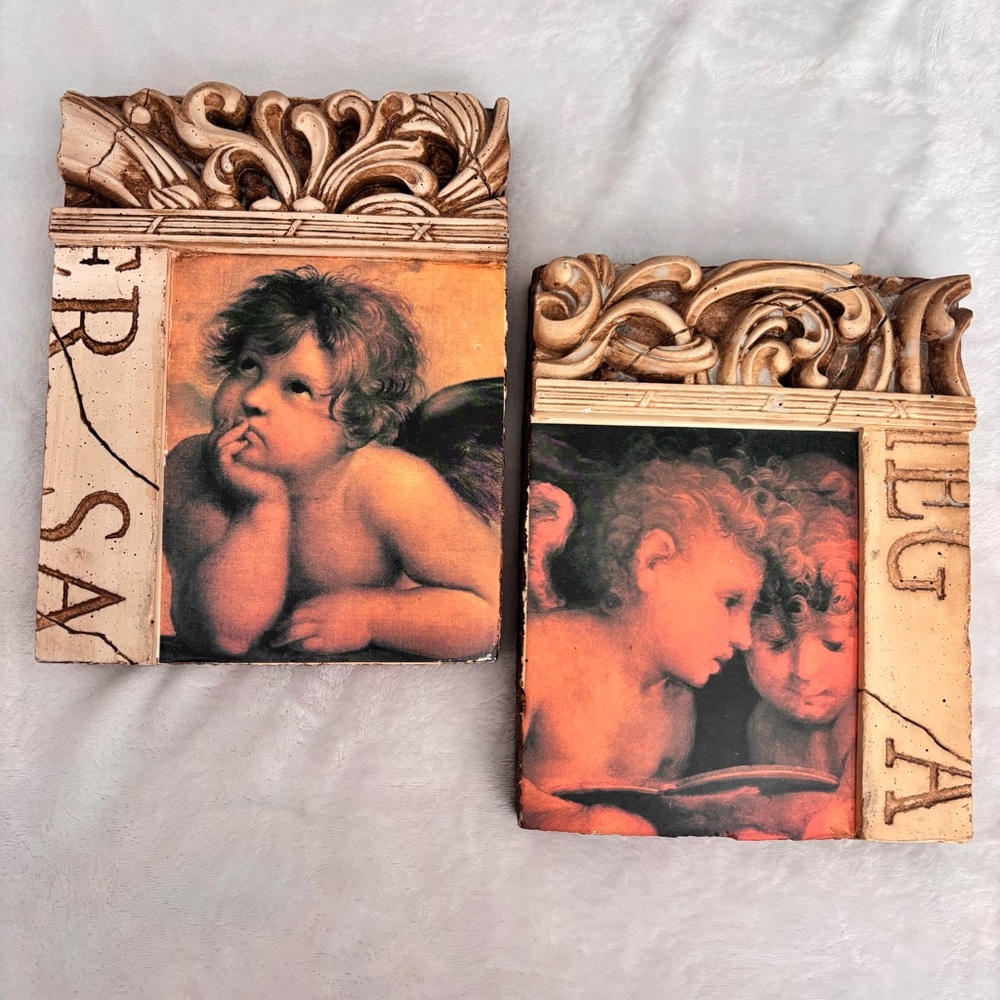 DECOLINE NY Set of 2 Cherub Decorative Vintage Wall Plaques